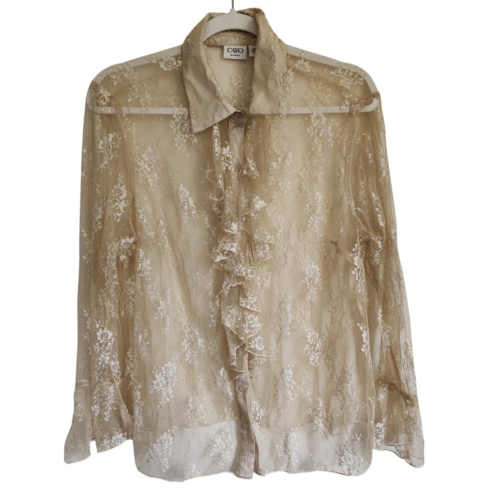 Cato Woman Beige Floral Sheer Lace Ruffle Button Down Blouse Top 14/16W